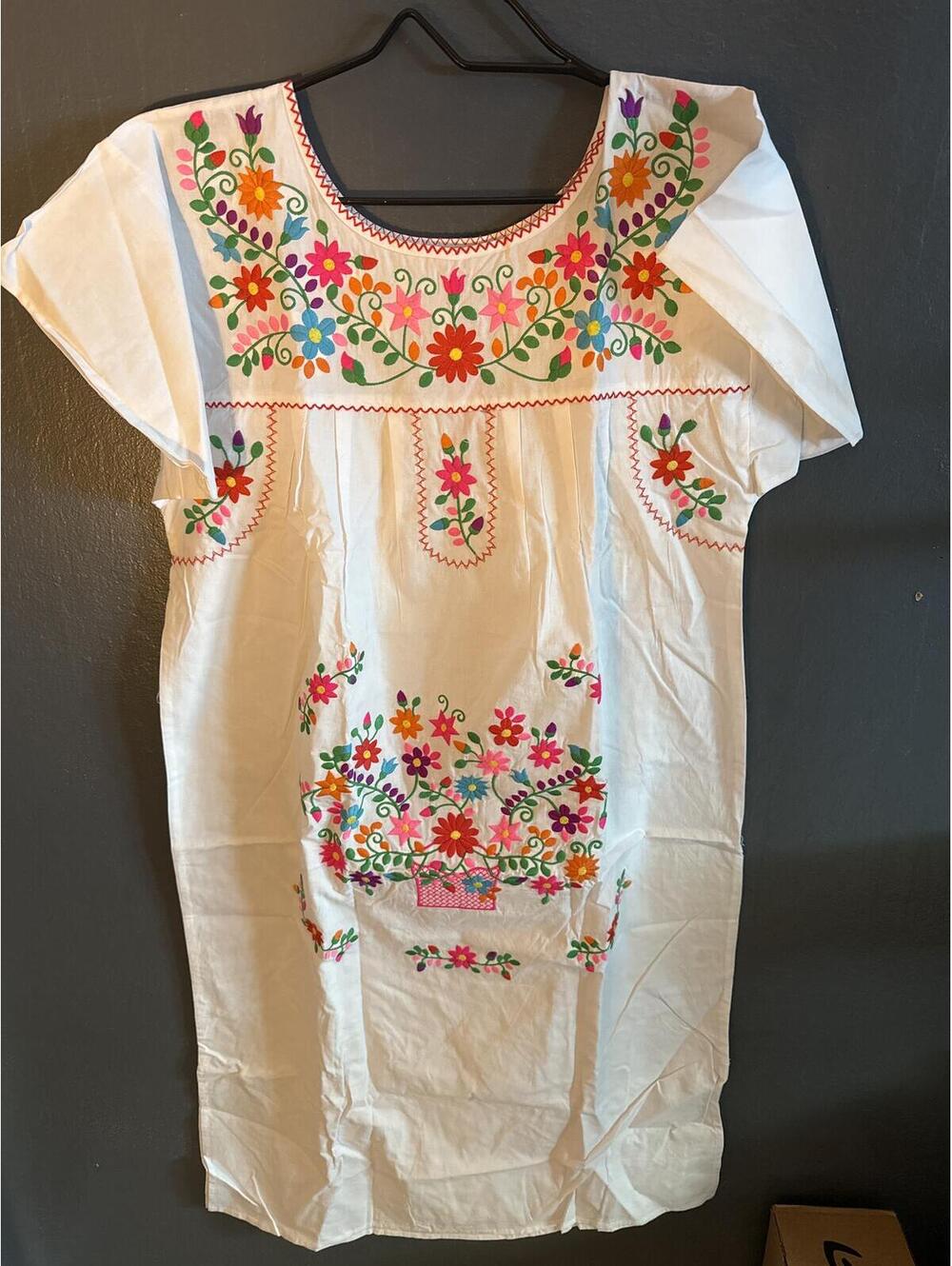 Unik Women’s Bohemian Floral Embroidered Knee-Length Dress, Size L, White Multi